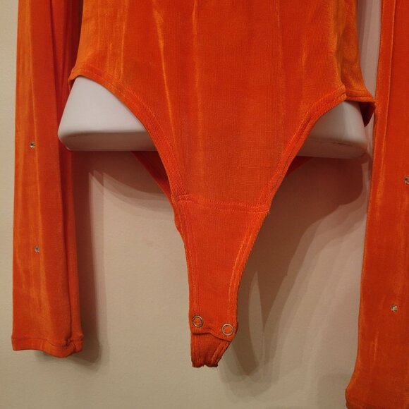 Vintage Isabel Orange Bodysuit Rhinestone M Liquid Knit‎ Stretch Mock Turtleneck - Picture 6 of 7